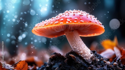 A vibrant red-capped mushroom emerges from the forest floor amidst scattered autumn leaves, with soft sparkles illuminating the serene woodland setting. photo