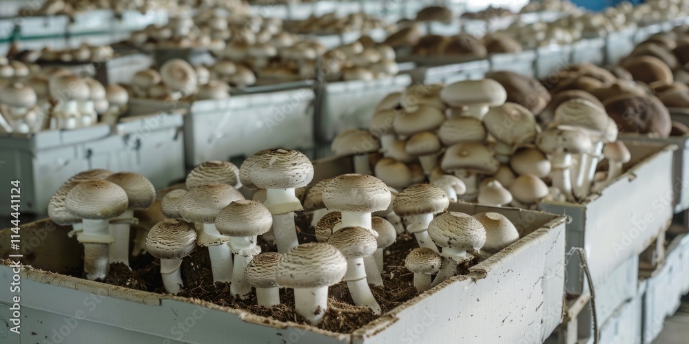 Obraz premium Numerous mushrooms growing on crates, each with gills and stems visible.