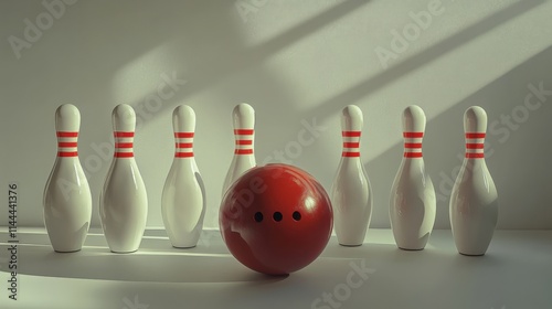 Bowling pins and a bowling ball on a plain background