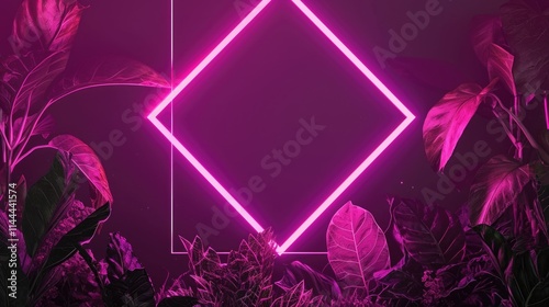 Neon sign with a square frame and a plant background. The sign is pink and has a futuristic feel to it