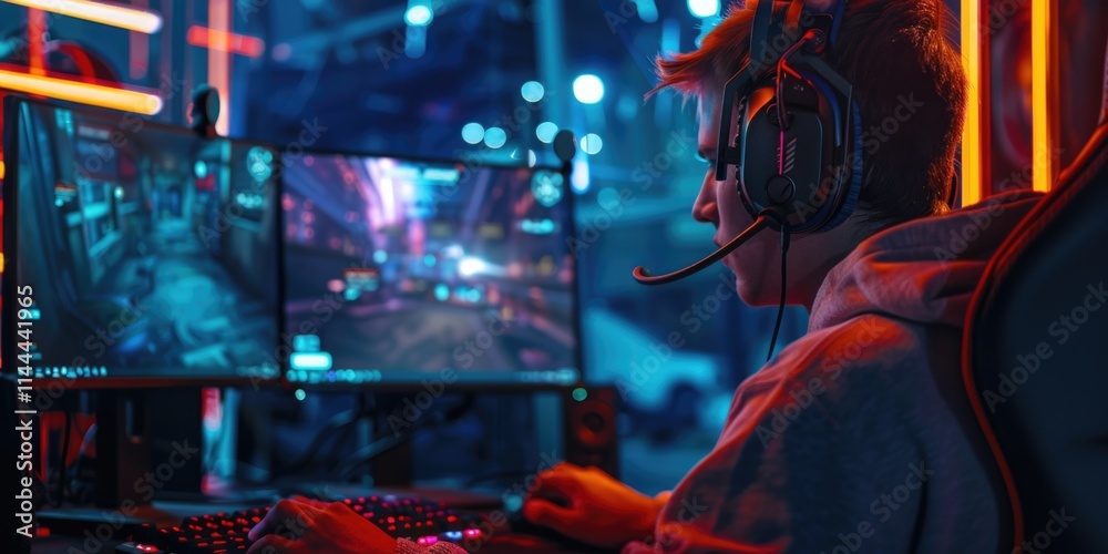 Man is playing a video game with two monitors and a headset. The room is dimly lit and the man is focused on the game Man is playing a video game with two monitors and a headset. The room is dimly lit and the man is focused on the game