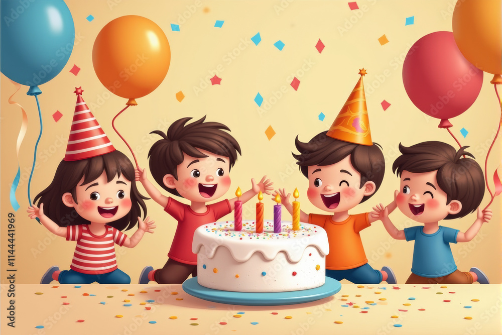 Φωτογραφία A playful birthday party scene featuring happy kids with balloons, ribbons, and a large cake decorated with candles and sprinkles