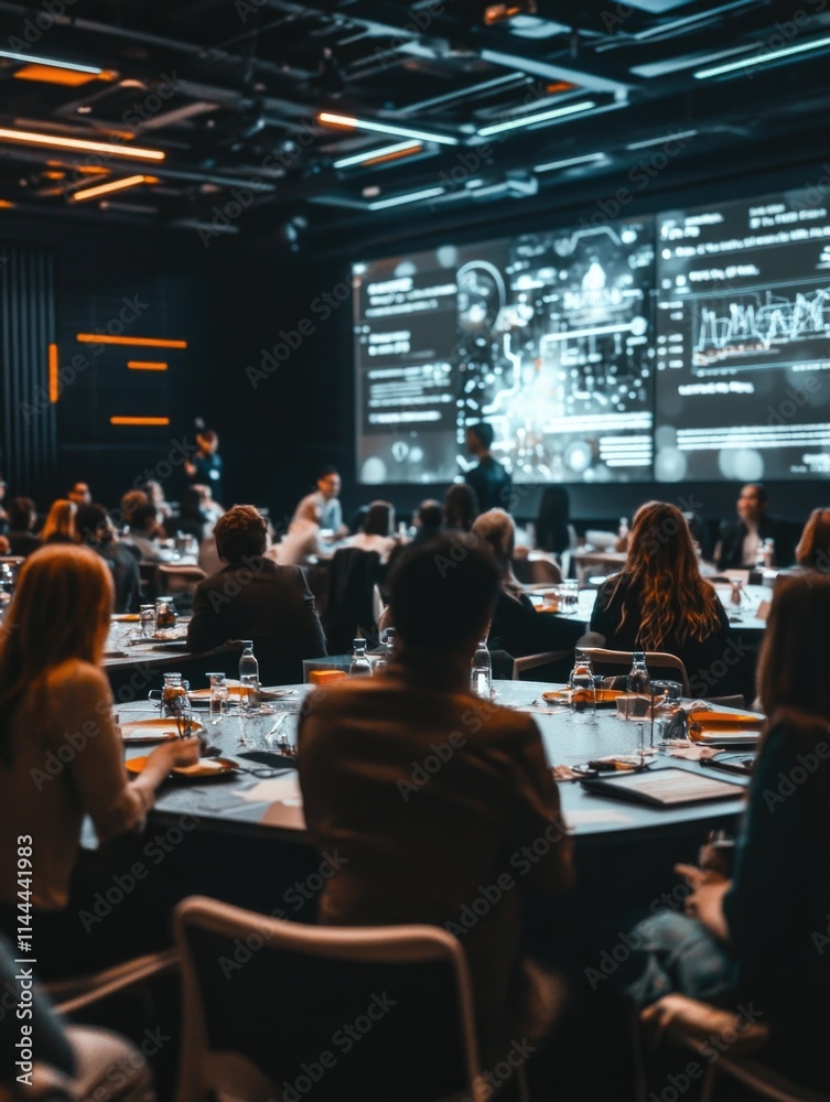 A professional conference setting with a panel of speakers at the front, addressing an audience seated around a table. A digital screen is in the background and modern lighting illuminates the room. A professional conference setting with a panel of speakers at the front, addressing an audience seated around a table. A digital screen is in the background and modern lighting illuminates the room.