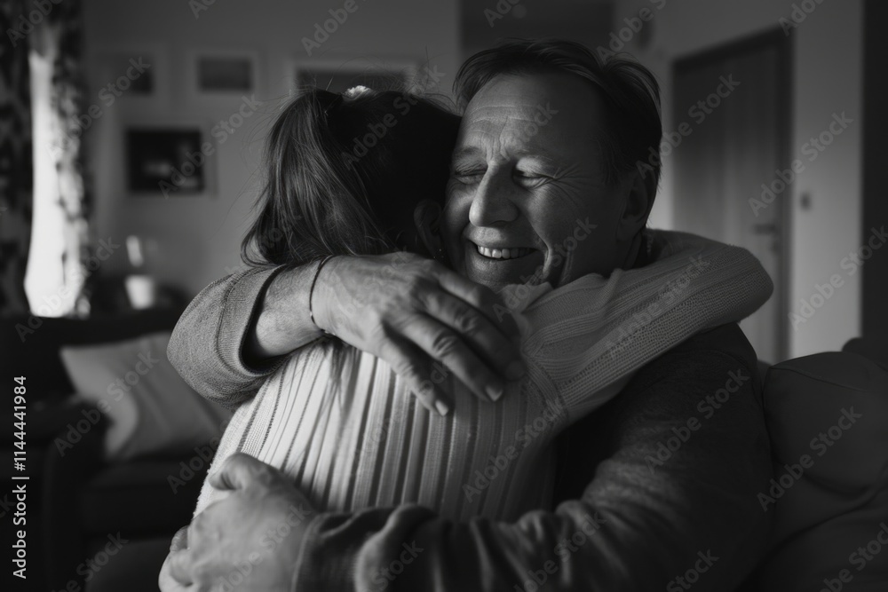 Older man and younger woman sharing a warm embrace, signifying family bond or comfort. Older man and younger woman sharing a warm embrace, signifying family bond or comfort.