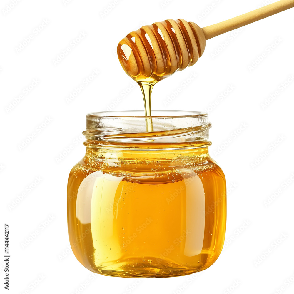 Honey Jar with Dripping Honey Dipper Isolated on White and Transparent Background