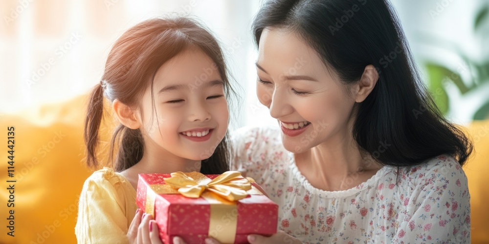 Mom and daughter enjoying a special moment together with a present. Mom and daughter enjoying a special moment together with a present.