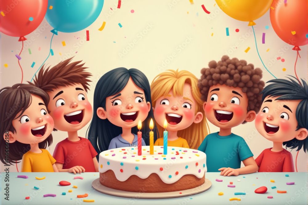 Φωτογραφία A playful birthday party scene featuring happy kids with balloons, ribbons, and a large cake decorated with candles and sprinkles