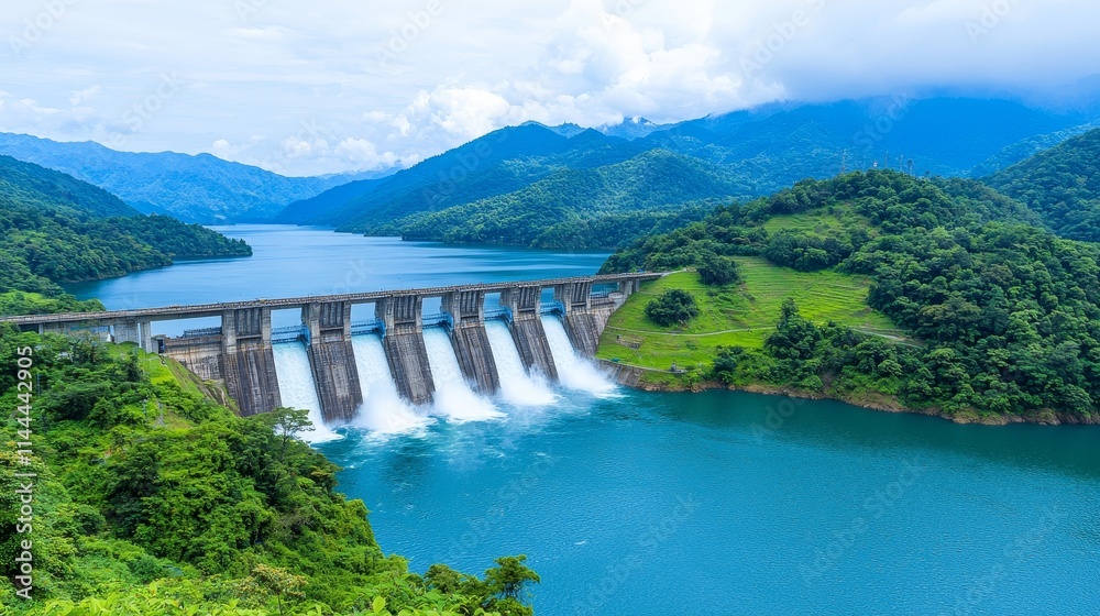 Water is harnessed to provide electricity by a dam, surrounded by lush greenery and a reservoir. Water is harnessed to provide electricity by a dam, surrounded by lush greenery and a reservoir.