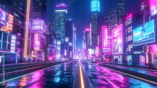 Urban cityscape at night with illuminated skyscrapers and traffic flowing along a bustling highway