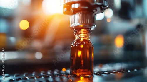 A state-of-the-art automated filling machine meticulously fills an amber glass bottle in a vibrant, high-tech industrial setting, showcasing modern manufacturing precision. photo