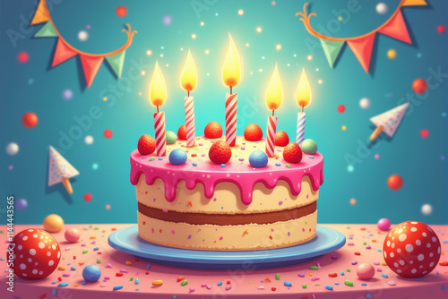 A vibrant birthday party scene with a detailed cake, colorful balloons, and bright decorations creating a fun and cheerful celebration..