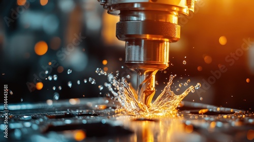 A CNC tool creates a cooling mist as it processes metal, highlighting industrial innovation, machinery, and the fusion of technology and artistry in manufacturing. photo