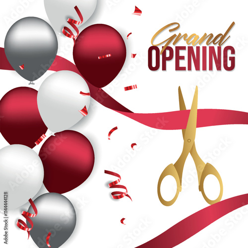 Grand opening design with ribbon, balloons and gold scissors, confetti. Vector illustration