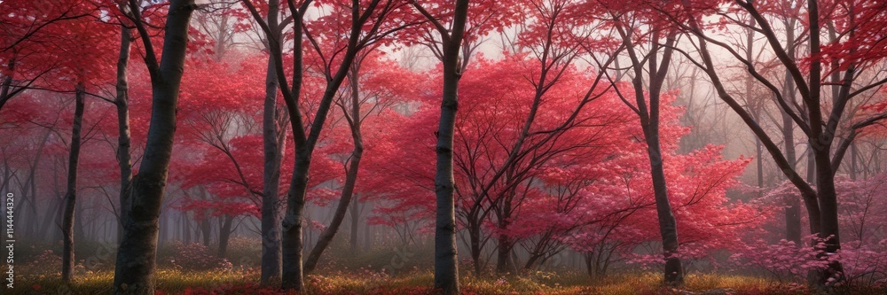 A dense thicket of dogwood trees ablaze with bright red and pink leaves, woodland scene, nature landscape A dense thicket of dogwood trees ablaze with bright red and pink leaves, woodland scene, nature landscape