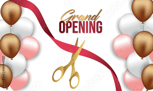Grand opening design with ribbon, balloons and gold scissors, confetti. Vector illustration