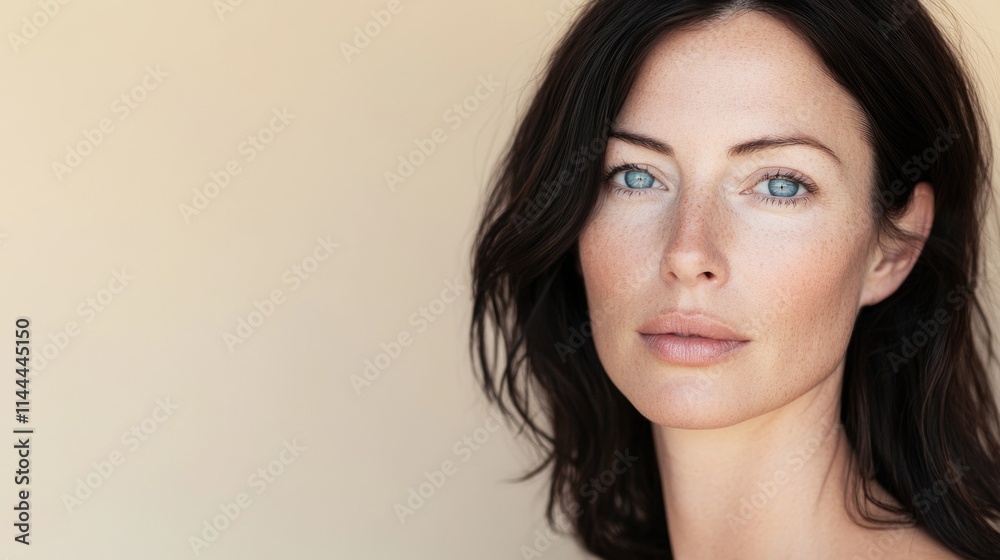Portrait of elegant, beautiful female with shoulder-length brown hair and a deep gaze.