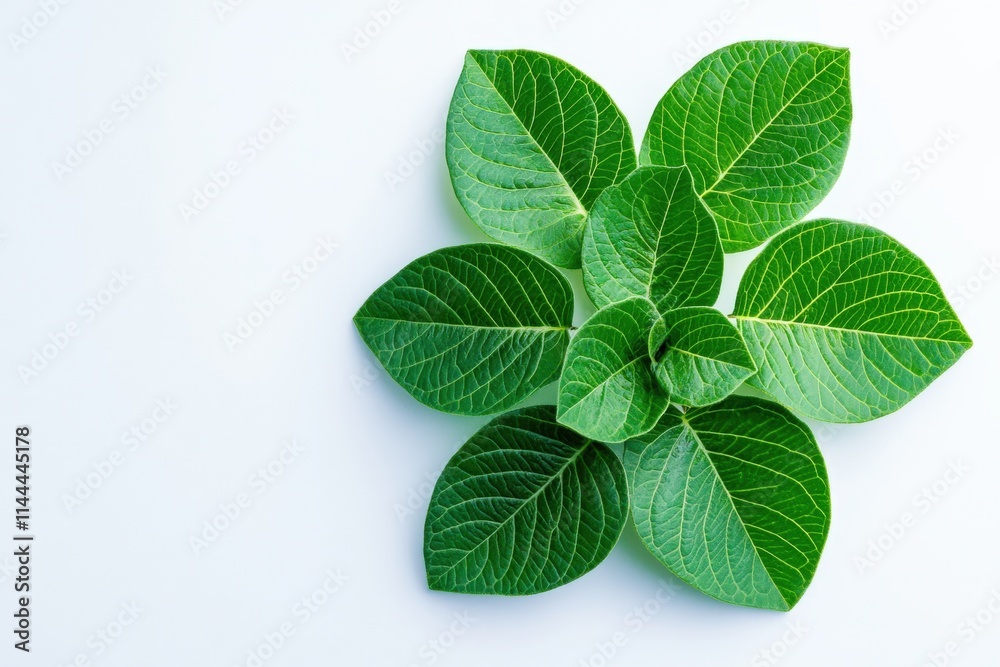Fototapeta premium Green leaves arranged in a circular pattern on white background