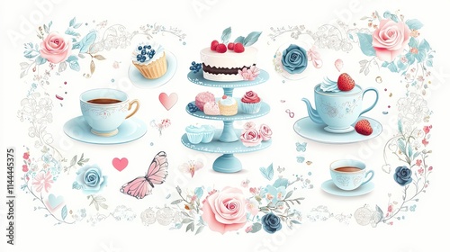 Wallpaper Mural Victorian Tea Party: A flat vector scene of a Victorian tea party set on a lace tablecloth, featuring fine teacups, saucers, and a tiered cake stand, surrounded by delicate floral patterns. Torontodigital.ca