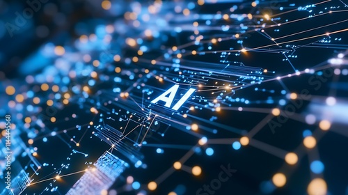 Futuristic AI Concept with Digital Network Connections and Bright Lights Representing Artificial Intelligence