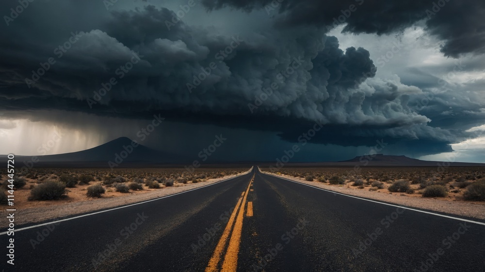 Naklejka premium A dramatic storm rolls in over a desert highway. Dark, ominous clouds fill the sky above a long, straight road stretching to the horizon.