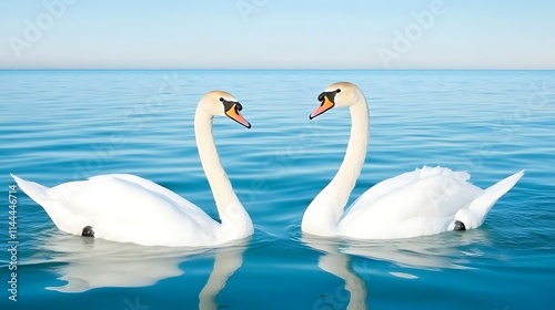 Beautiful Swans Forming a Heart Shape at Sunset on a Calm Lake Creating a Romantic Scene