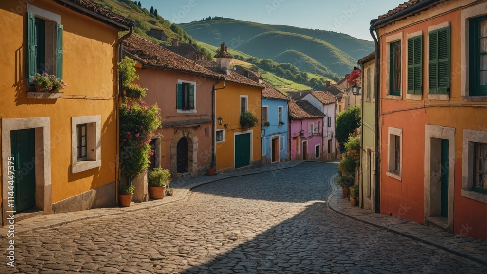 Charming cobblestone street in a picturesque village, lined with colorful houses bathed in sunlight. A tranquil scene with vibrant hues and a peaceful atmosphere. Charming cobblestone street in a picturesque village, lined with colorful houses bathed in sunlight. A tranquil scene with vibrant hues and a peaceful atmosphere.