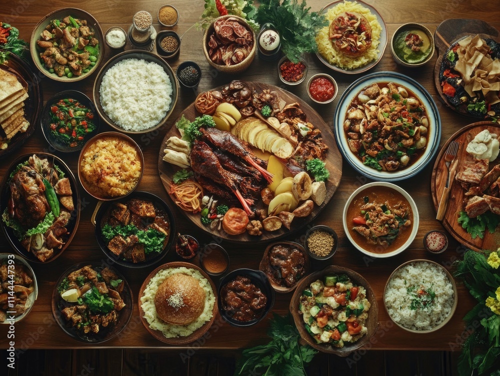 Fototapeta premium Colorful spread of various dishes from different culinary traditions