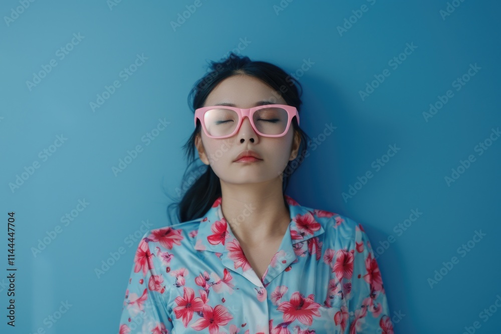 Woman in a pink floral shirt is wearing pink glasses and appears to be sleeping. Concept of relaxation and comfort, as the woman is in a cozy and peaceful setting Woman in a pink floral shirt is wearing pink glasses and appears to be sleeping. Concept of relaxation and comfort, as the woman is in a cozy and peaceful setting