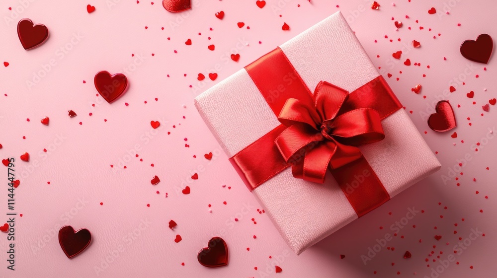Red heart-shaped gift box with ribbon and scattered hearts in background. Red heart-shaped gift box with ribbon and scattered hearts in background.