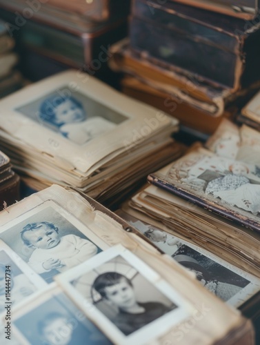 Collection of cherished childhood memories preserved in vintage baby photo albums from various families. Generative AI photo