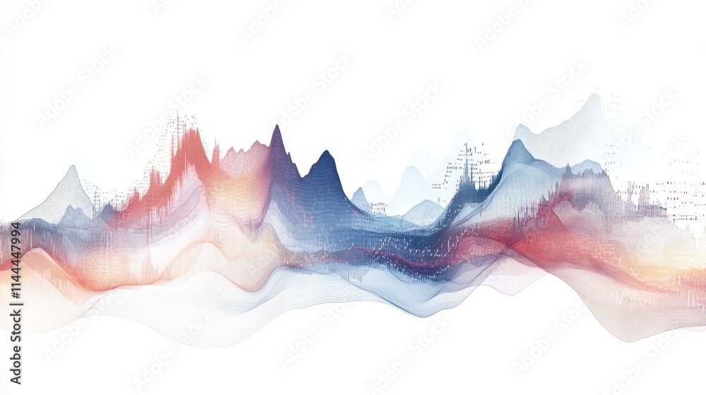Fototapeta premium A dynamic stock price chart showing a volatile market with sharp peaks and dips, candlestick patterns, and a clean white background.