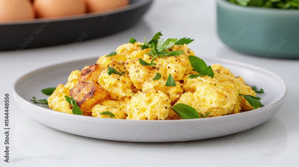Fluffy scrambled eggs with parsley garnish on a plate. Fluffy scrambled eggs with parsley garnish on a plate.