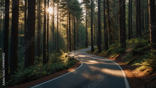 Sunbeams illuminate a winding road through a lush, green forest. The tall trees create a canopy overhead, casting shadows on the path ahead.