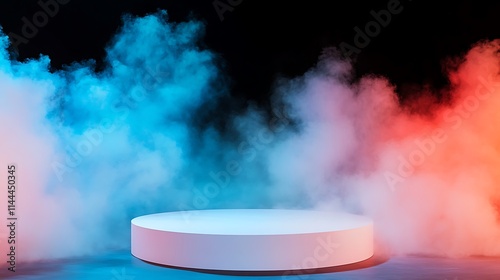 Dramatic Stage with Colorful Smoke and a Round Podium Creating an Exciting Atmosphere