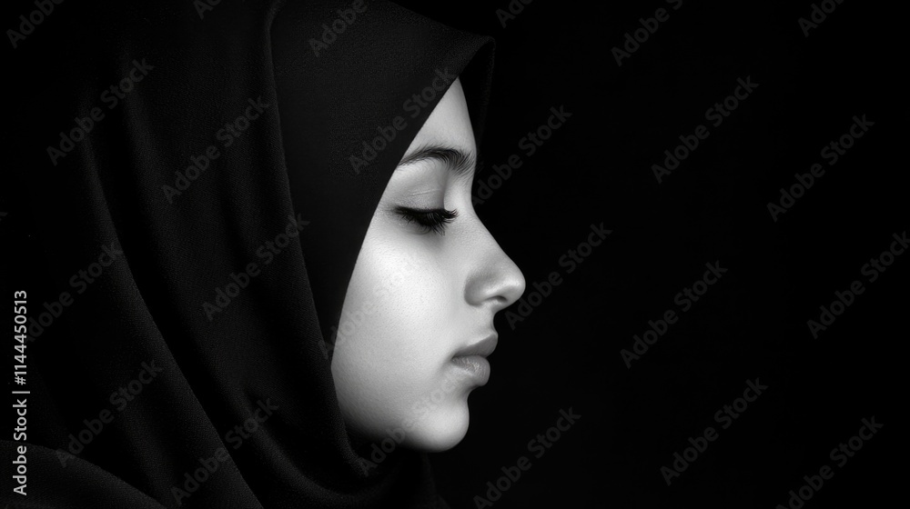 A woman in hijab focused on prayer, with black and white photo effect. A woman in hijab focused on prayer, with black and white photo effect.