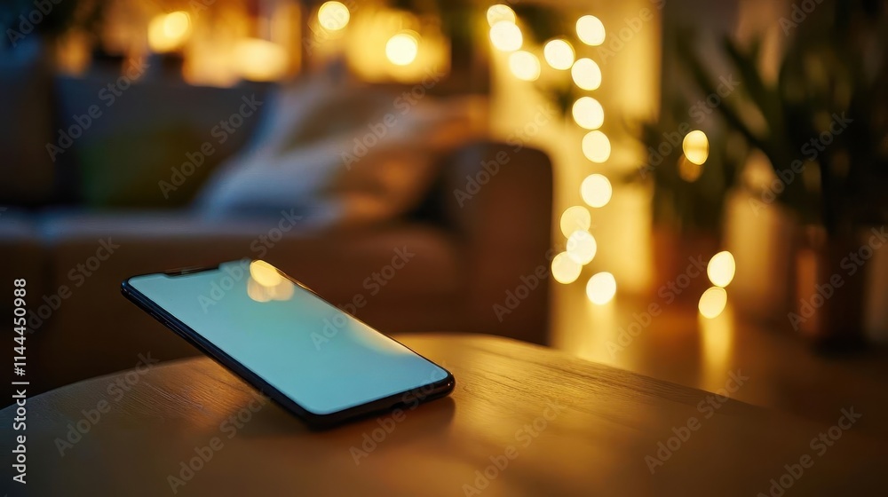 Smartphone on table with vibrant screen, soft lighting, cozy home atmosphere Smartphone on table with vibrant screen, soft lighting, cozy home atmosphere