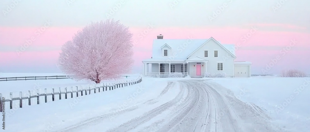 Obraz premium Snowy Winter Wonderland Pink House Frosty Tree Scenic Driveway