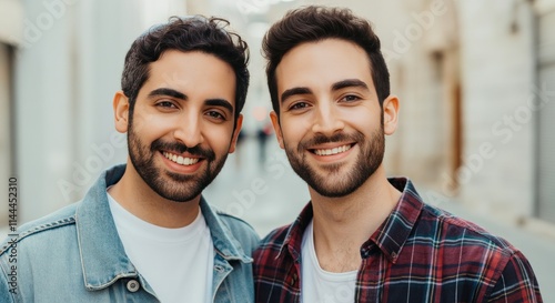 Smiling young middle eastern males in urban street setting depicting friendship and joy