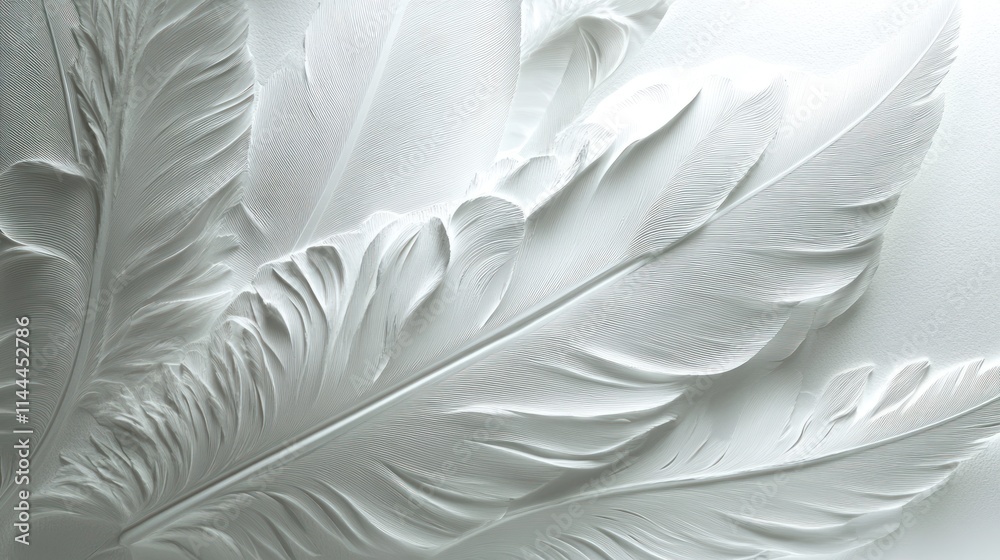 Fototapeta premium Close-up of embossed white feathers on a light background.