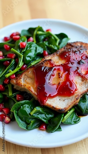  chicken breast with pomegranate and spinach on a plate. photo