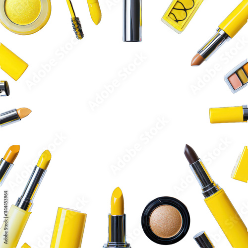 Yellow-themed makeup items such as lipsticks and eyeliners, isolated with space for text.