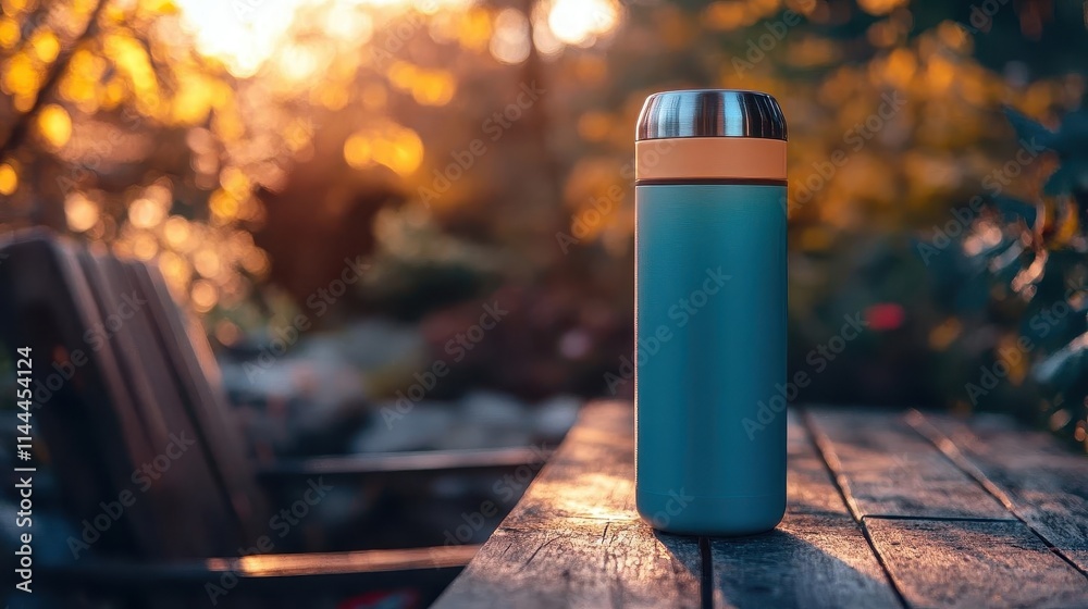 Thermos flask with vibrant colors, soft lighting, cozy outdoor setting Thermos flask with vibrant colors, soft lighting, cozy outdoor setting