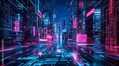 Cyberpunk Cityscape: A neon-drenched metropolis where digital rain cascades down towering skyscrapers, blurring the lines between reality and the digital realm