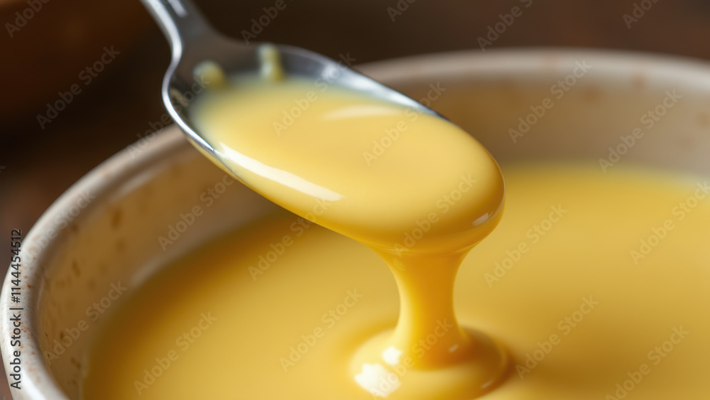 Yellow liquid pouring into white bowl with wooden spoon on top. Yellow liquid pouring into white bowl with wooden spoon on top.