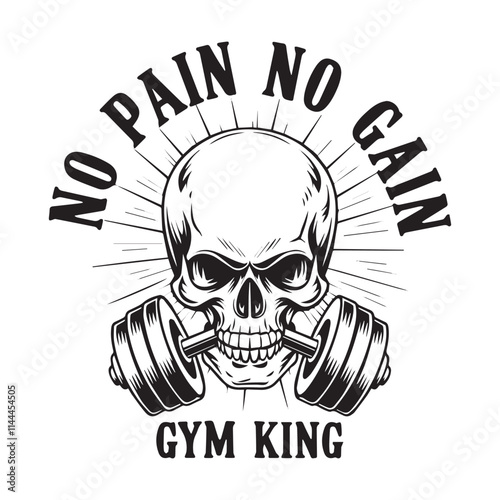 No pain no gain. Skull with barbell in teeth. element for poster, card, t shirt, emblem, sign. illustration