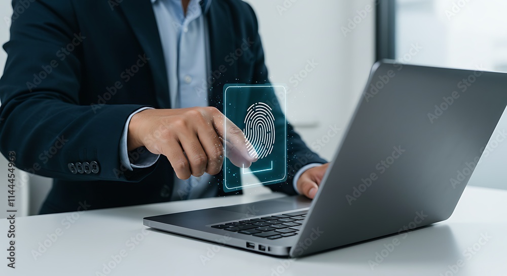 Businessman using fingerprint identification to access personal financial data. Idea for E-kyc electronic know your customer biometrics security, innovation technology against digital cyber crime