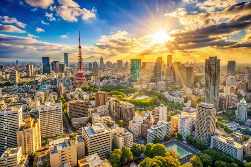 Obraz premium Tokyo Real Estate Aerial View: Vintage Style Panoramic Cityscape, Modern Architecture, Business Construction