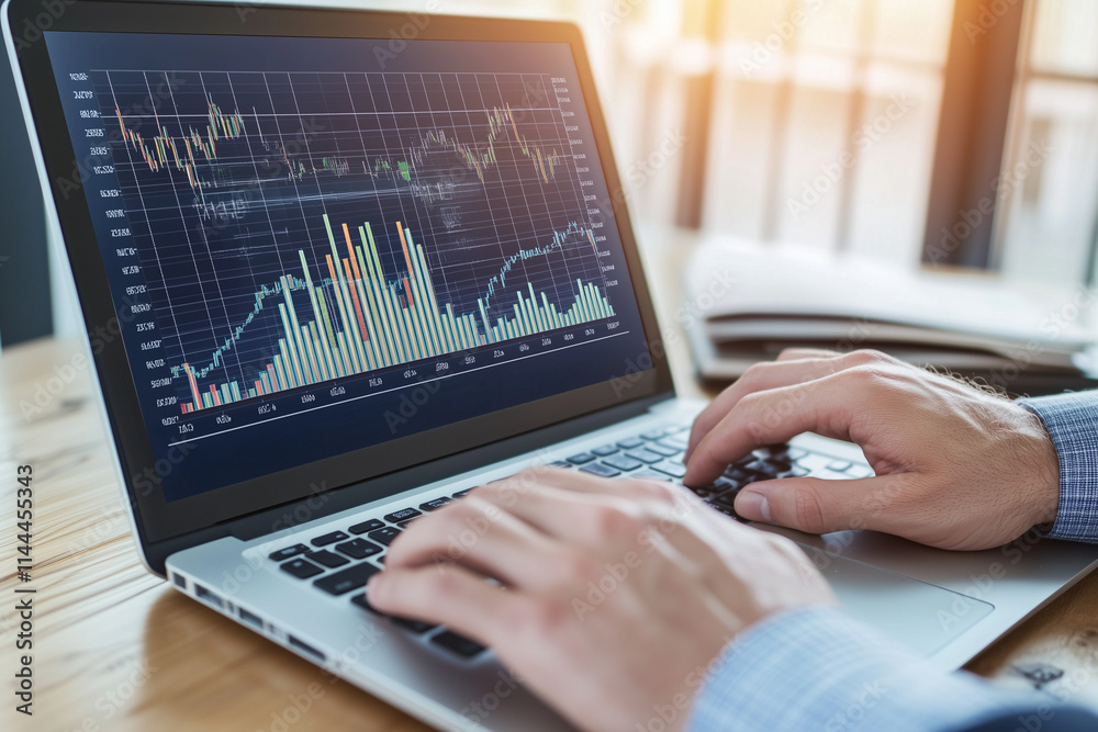 A businessman’s hands typing on a laptop with a bright stock market graph on the screen, symbolizing financial analysis, with copy space. Neutral bright lighting. Modern workspace background. A businessman’s hands typing on a laptop with a bright stock market graph on the screen, symbolizing financial analysis, with copy space. Neutral bright lighting. Modern workspace background.