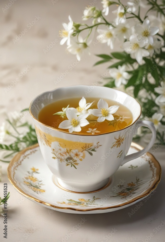 Delicate cup flowers in a teacup with jasmine tea, cup flowers, floral arrangement, botanical Delicate cup flowers in a teacup with jasmine tea, cup flowers, floral arrangement, botanical