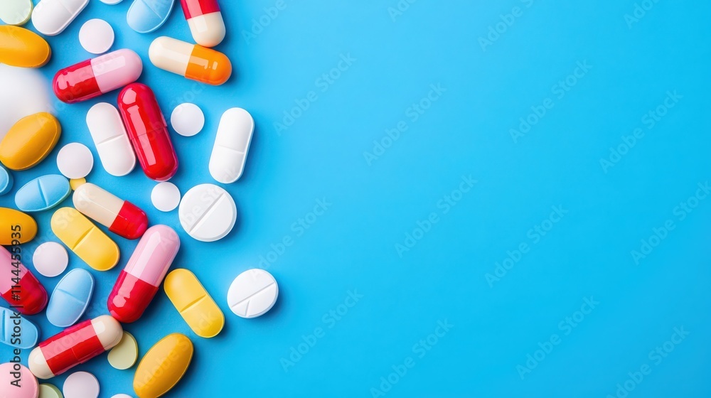 A blue background with a bunch of pills scattered around it A blue background with a bunch of pills scattered around it